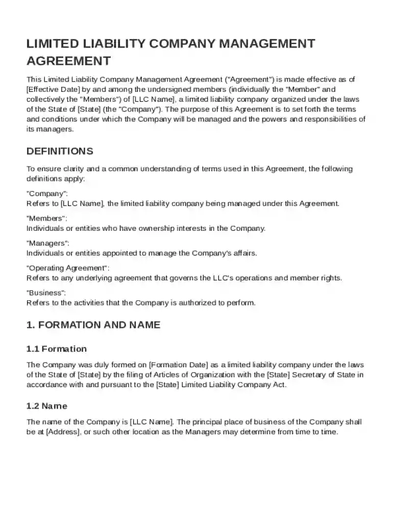 LLC Management Agreement Template Preview on Page 1