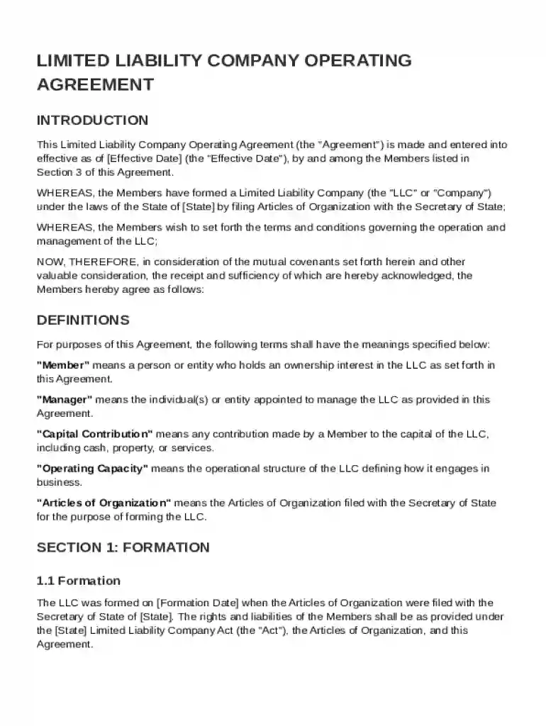 LLC Operating Agreement Template Preview on Page 1