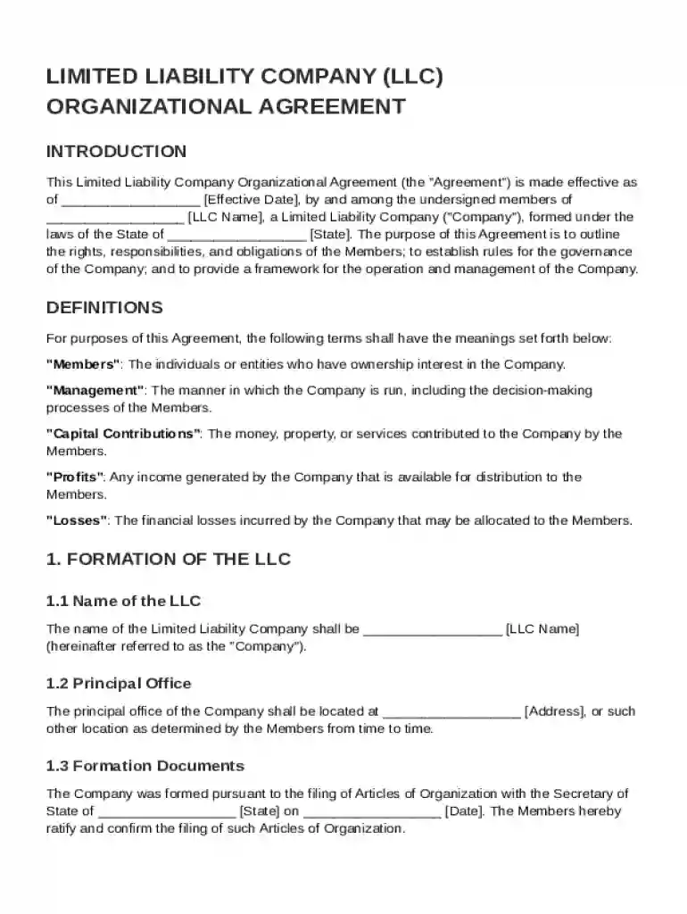 LLC Organizational Agreement Template Preview on Page 1