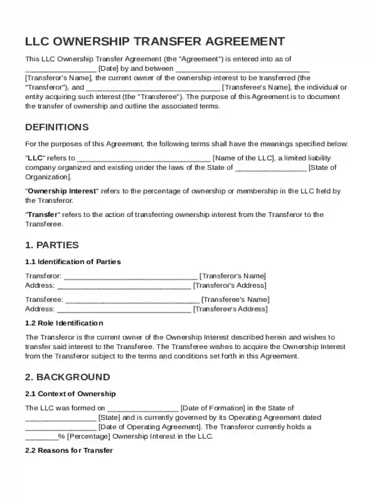 LLC Ownership Transfer Agreement Template Preview on Page 1
