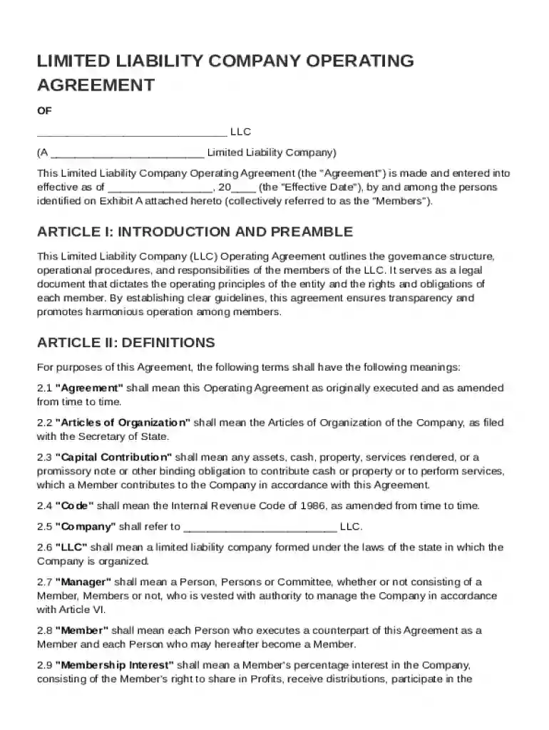 LLC Partnership Operating Agreement Template Preview on Page 1