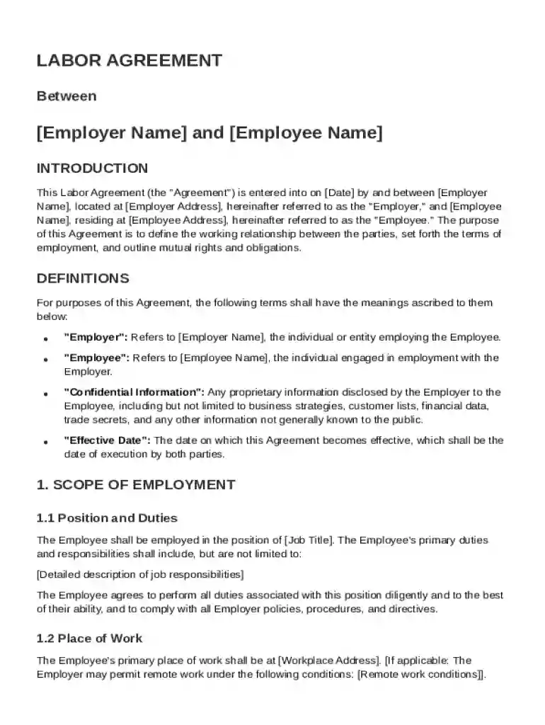 Labor Agreement Template Preview on Page 1