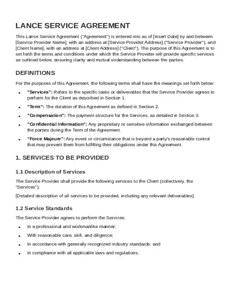 Lance Service Agreement Template Preview on Page 1