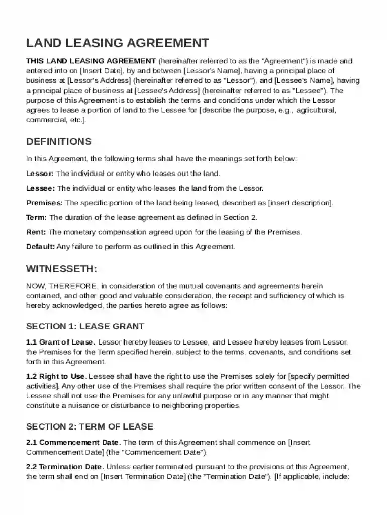 Land Leasing Agreement Template Preview on Page 1