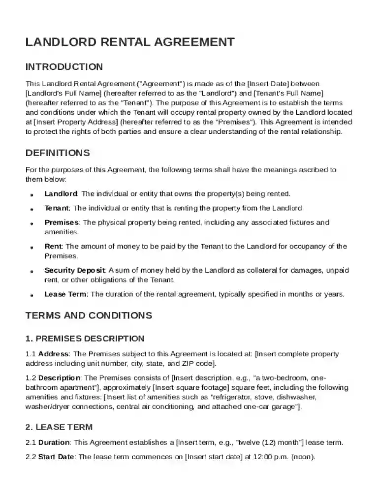 Landlord Rental Agreement Template Preview on Page 1
