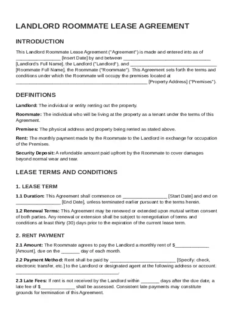 Landlord Roommate Lease Agreement Template Preview on Page 1