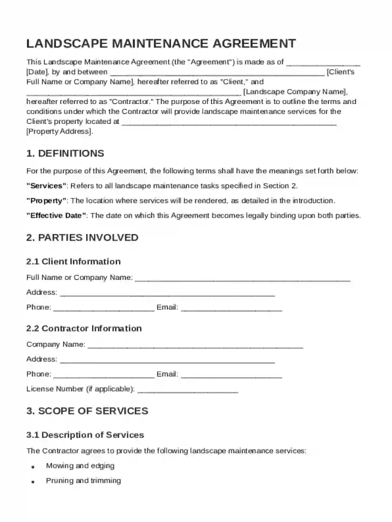 Landscape Maintenance Agreement Template Preview on Page 1