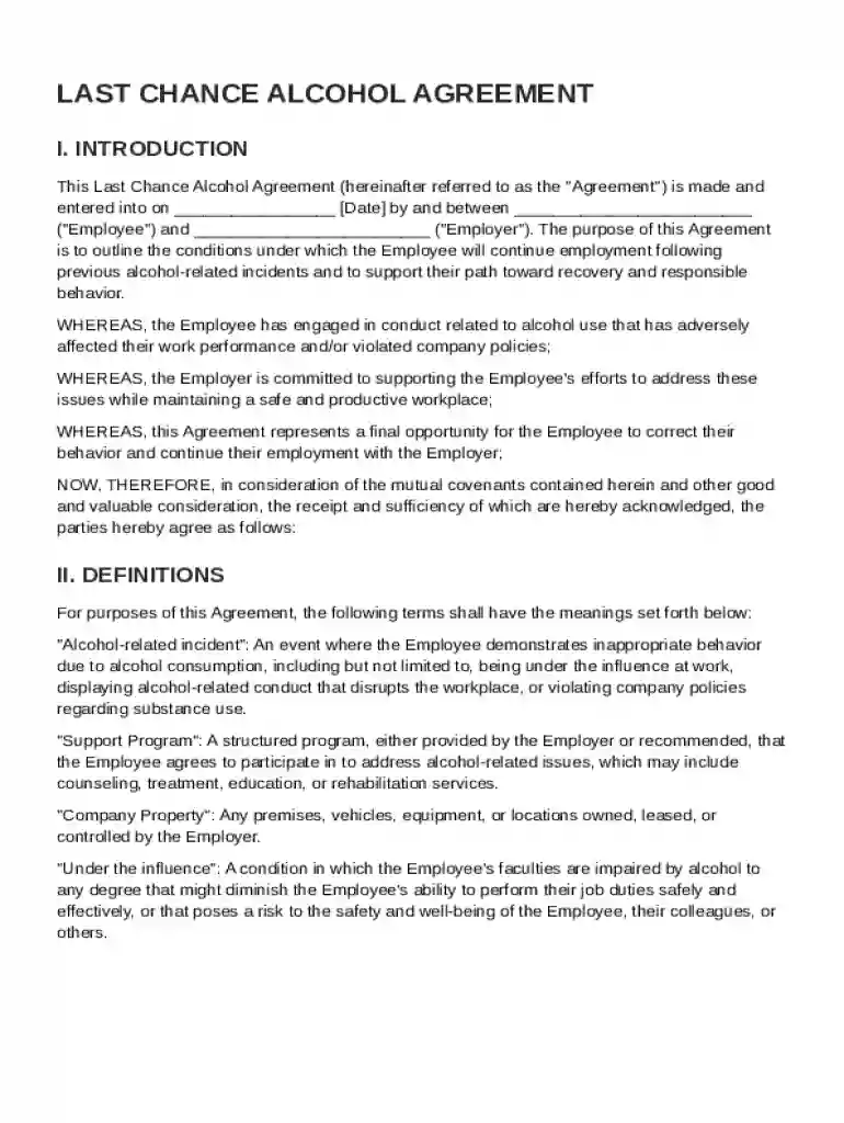 Last Chance Alcohol Agreement Template Preview on Page 1