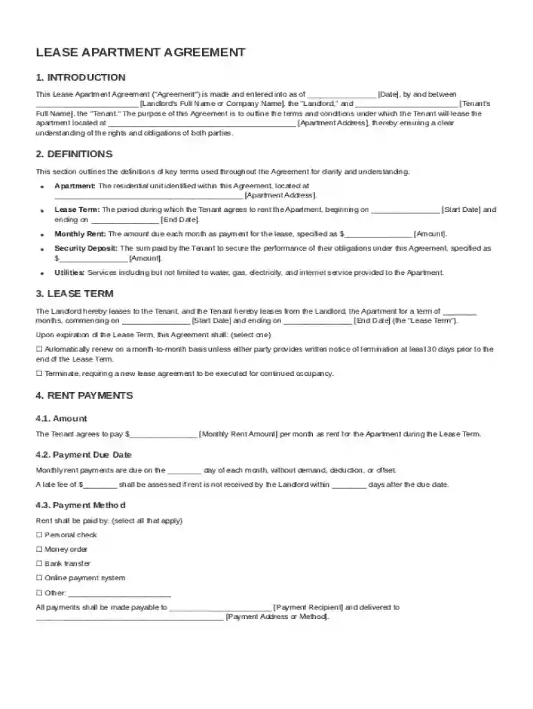 Lease Apartment Agreement Template Preview on Page 1