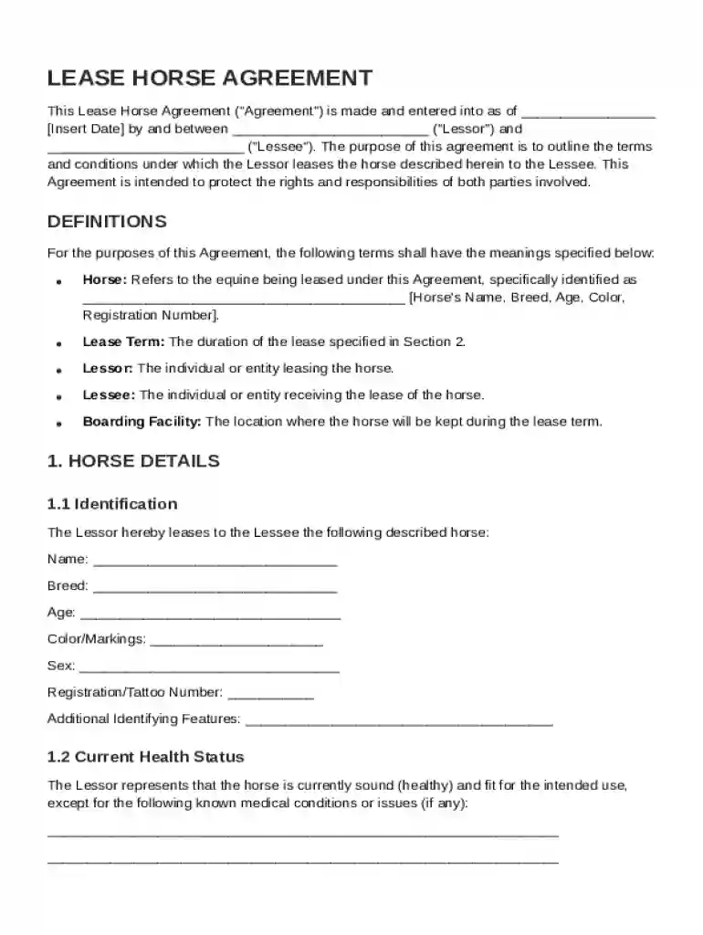Lease Horse Agreement Template Preview on Page 1