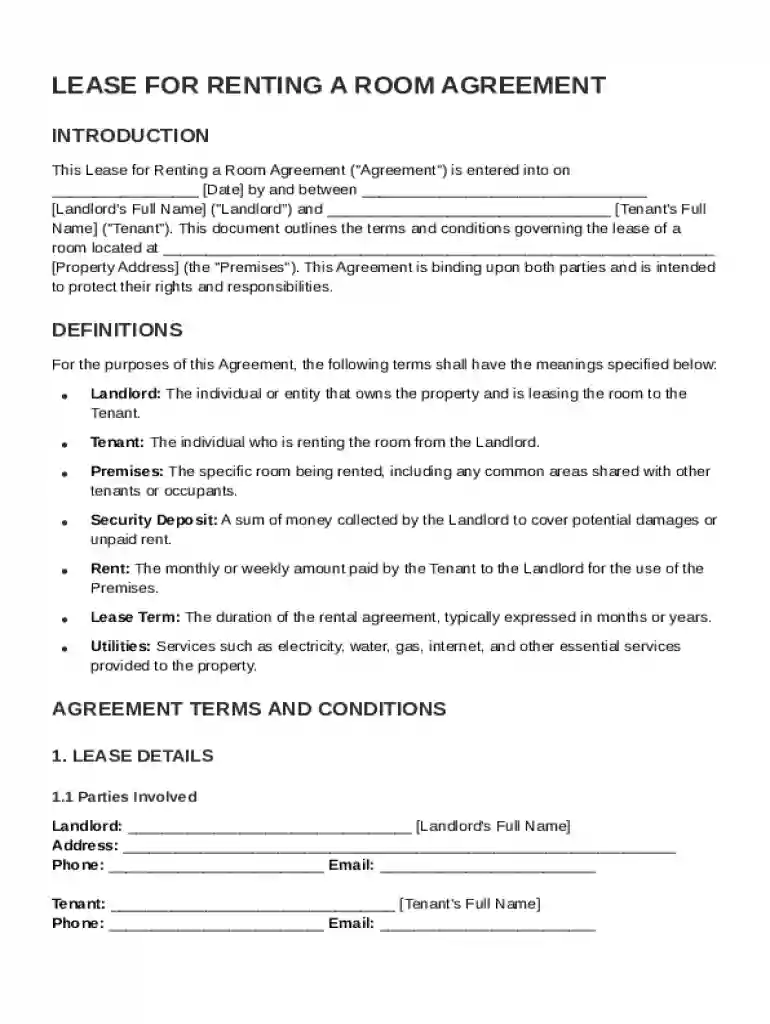 Lease for Renting a Room Agreement Template Preview on Page 1