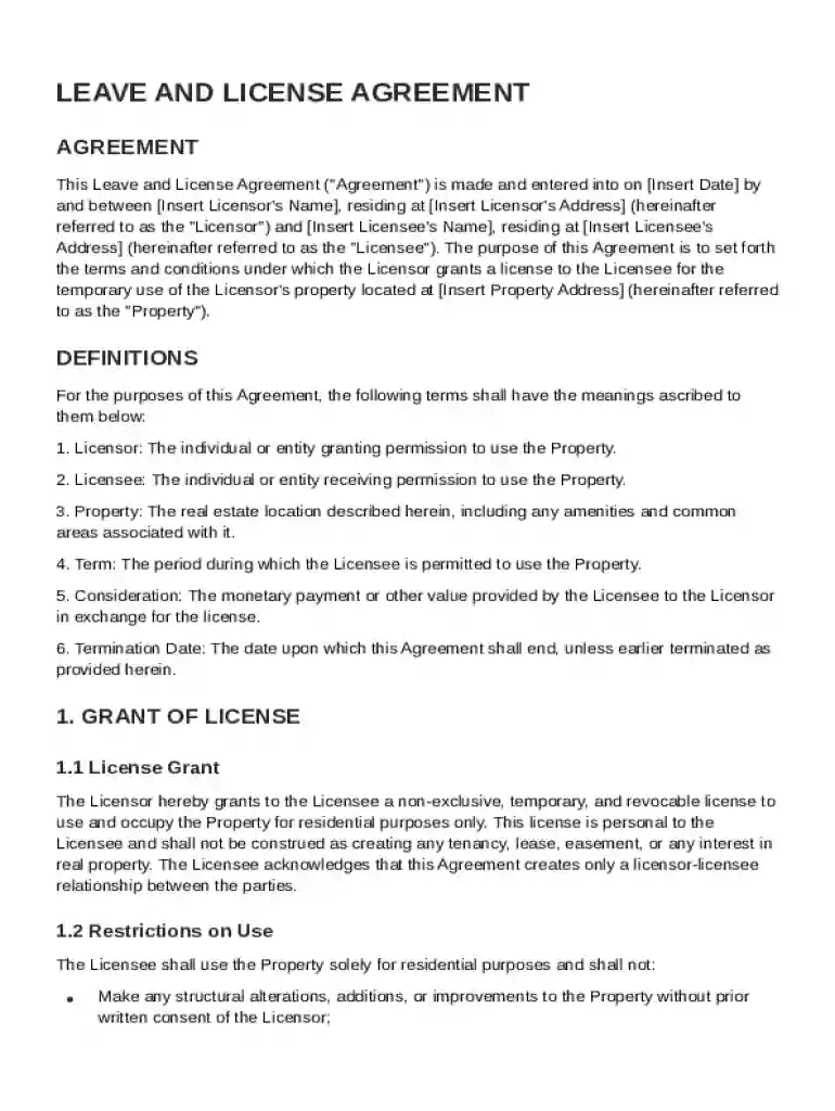 Leave and License Agreement Template Preview on Page 1