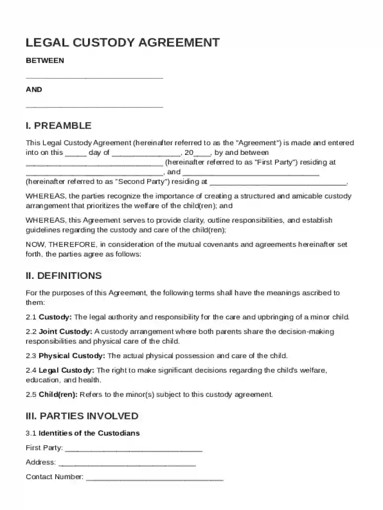 Legal Custody Agreement Template Preview on Page 1