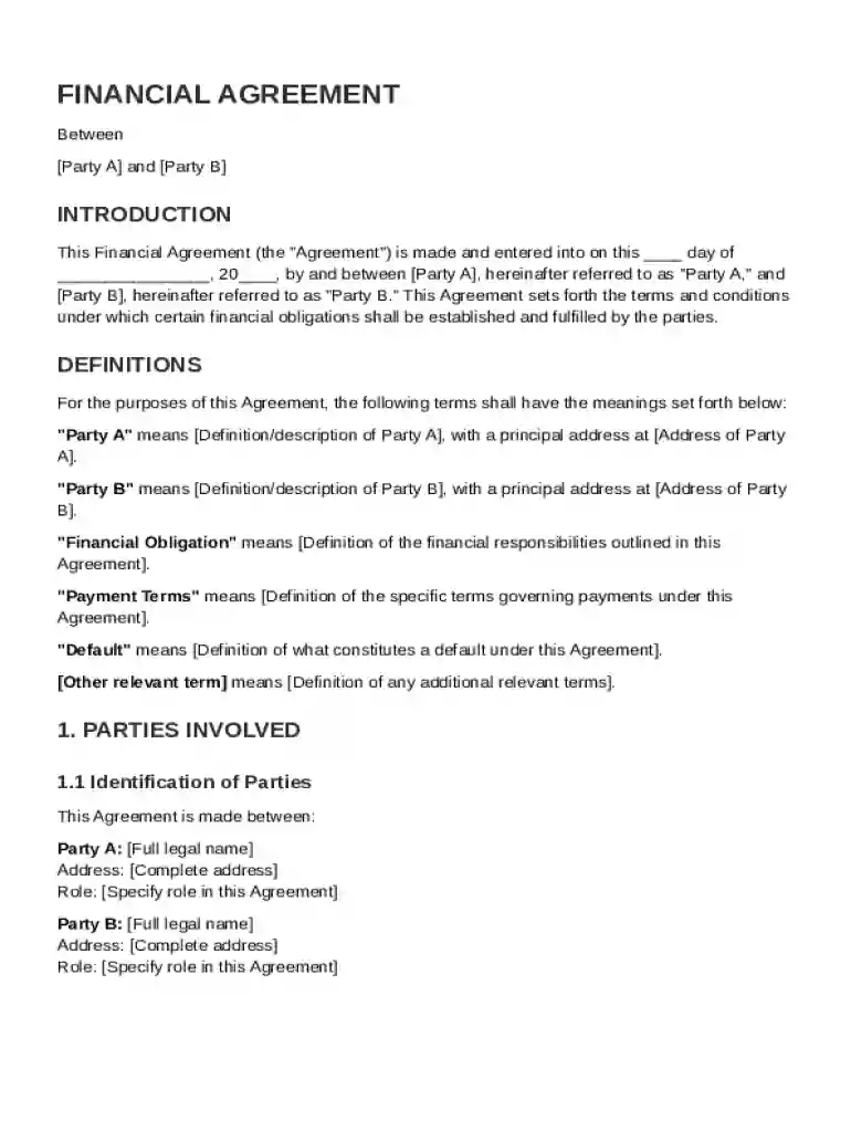 Legal Financial Agreement Template Preview on Page 1