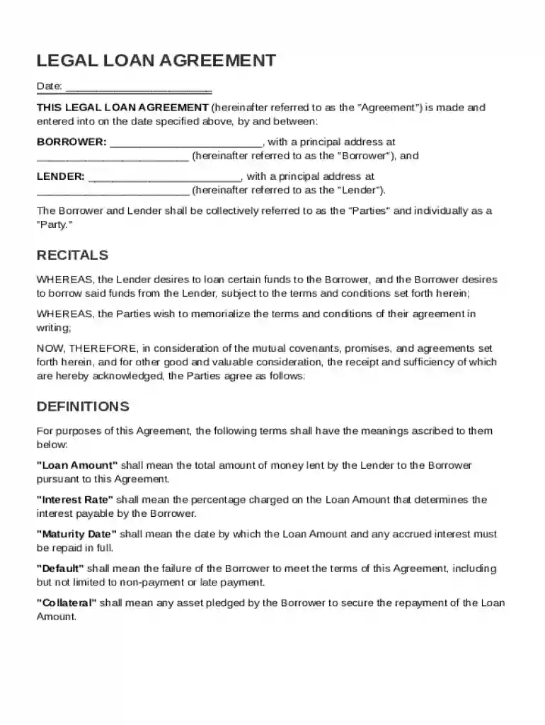 Legal Loan Agreement Template Preview on Page 1