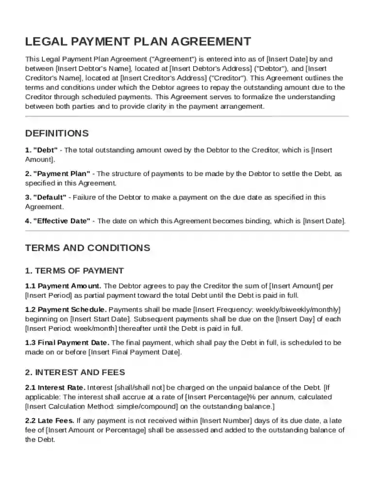 Legal Payment Plan Agreement Template Preview on Page 1