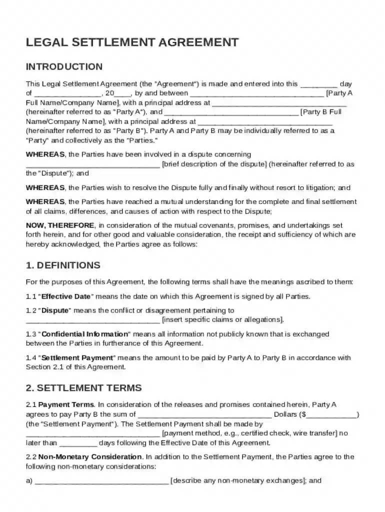 Legal Settlement Agreement Template Preview on Page 1