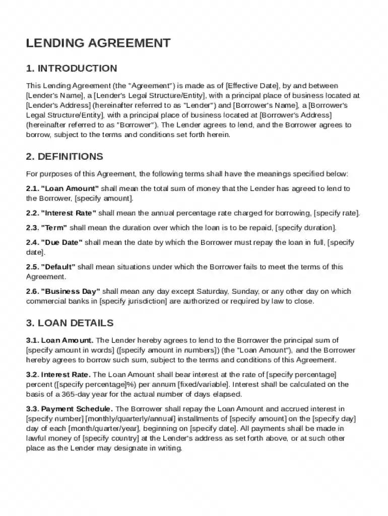 Lending Agreement Template Preview on Page 1