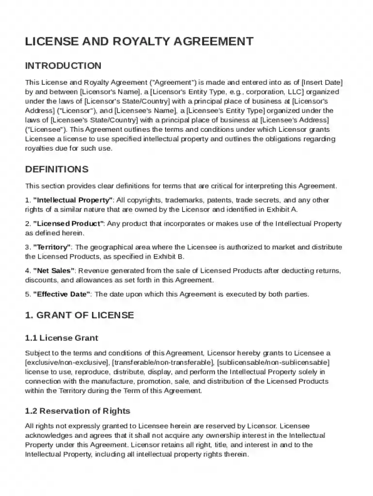 License and Royalty Agreement Template Preview on Page 1