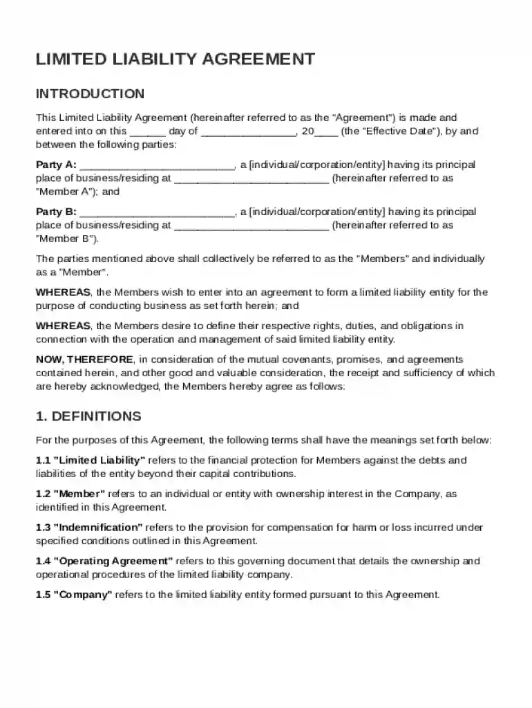 Limited Liability Agreement Template Preview on Page 1