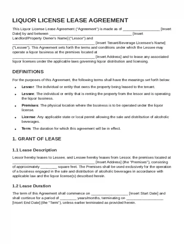 Liquor License Lease Agreement Template Preview on Page 1
