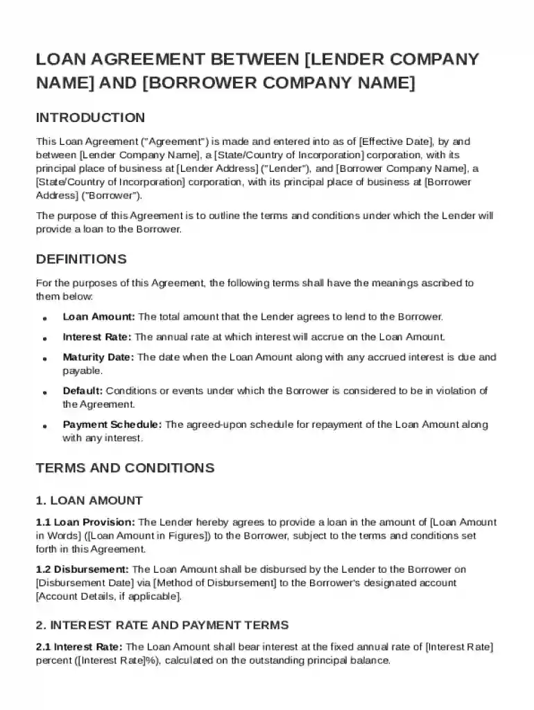 Loan Between Companies Agreement Template Preview on Page 1