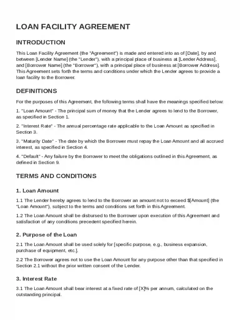Loan Facility Agreement Template Preview on Page 1