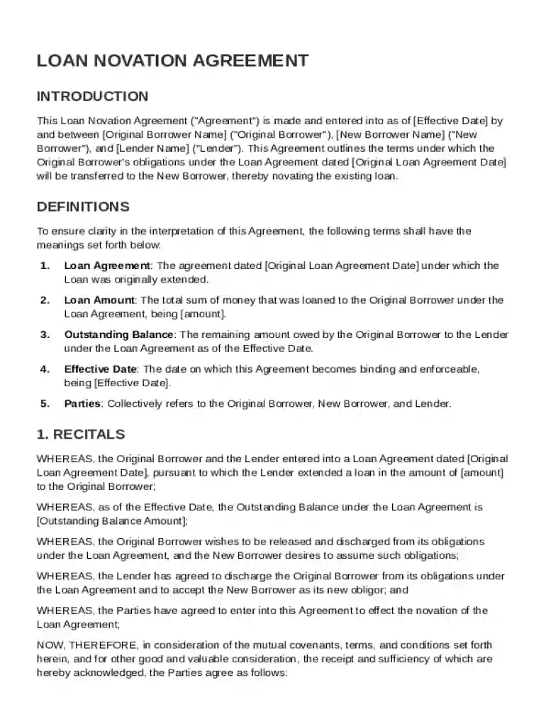 Loan Novation Agreement Template Preview on Page 1