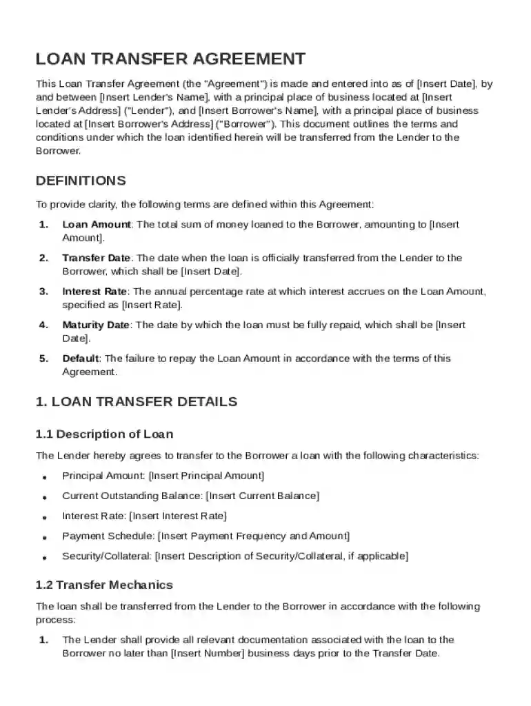 Loan Transfer Agreement Template Preview on Page 1