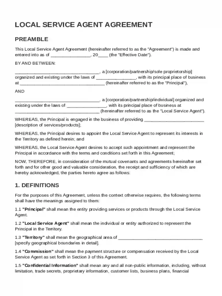Local Service Agent Agreement Template Preview on Page 1