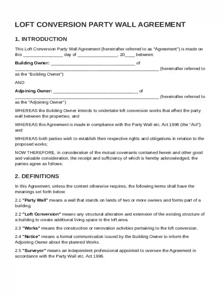 Loft Conversion Party Wall Agreement Template Preview on Page 1