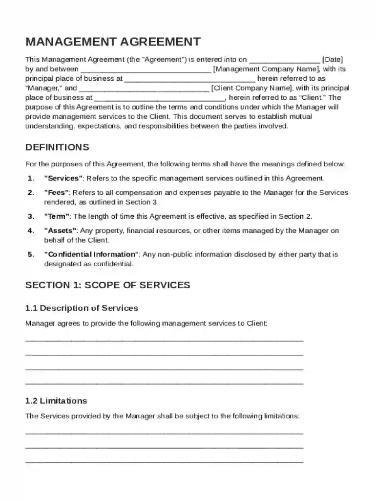 Management Agreement Template Preview on Page 1