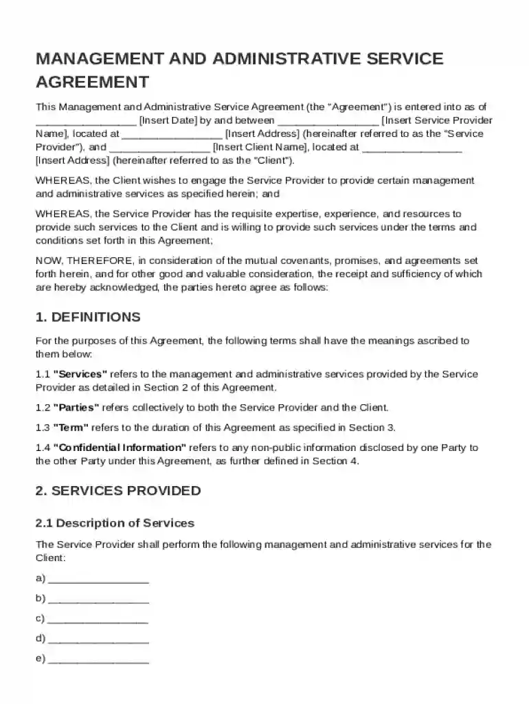Management and Administrative Service Agreement Template Preview on Page 1