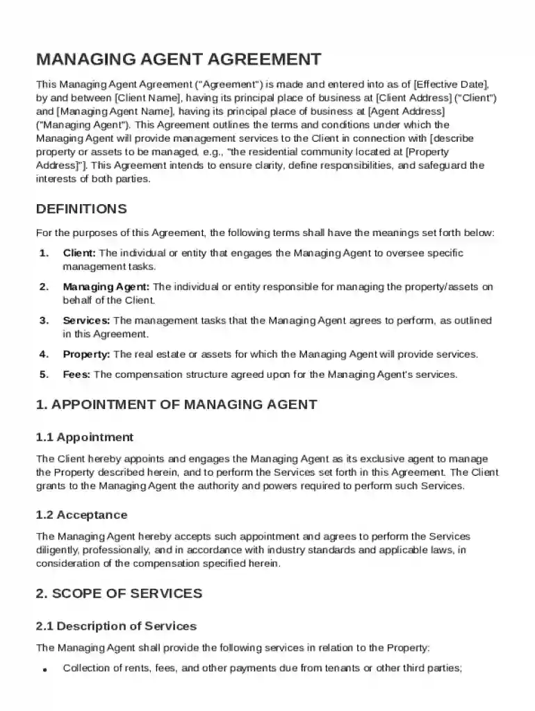 Managing Agent Agreement Template Preview on Page 1