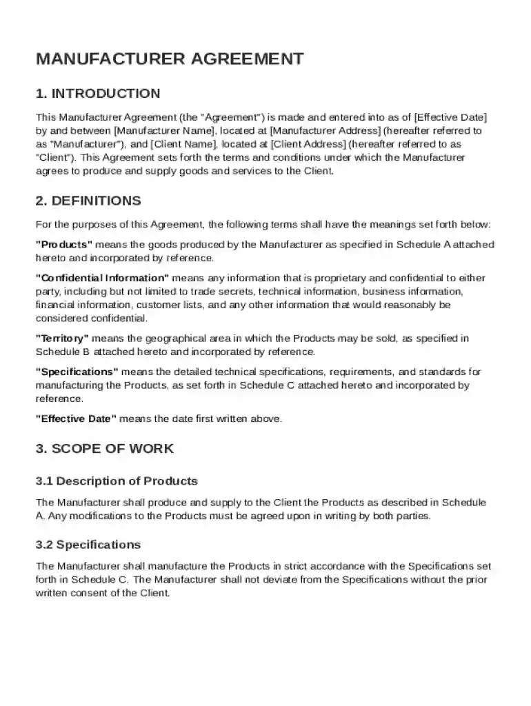 Manufacturer Agreement Template Preview on Page 1
