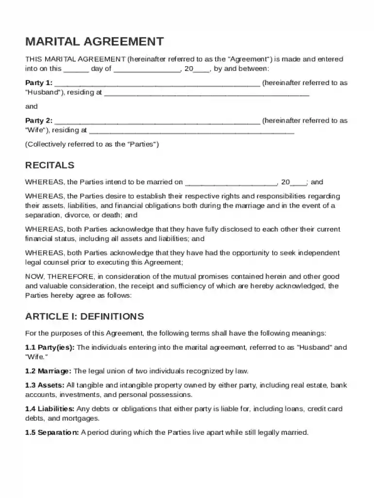 Marital Agreement Template Preview on Page 1