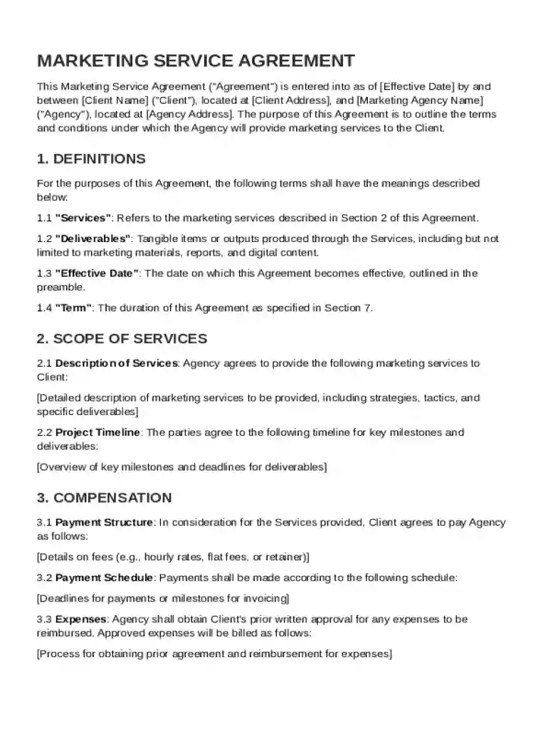 Marketing Service Agreement Template Preview on Page 1