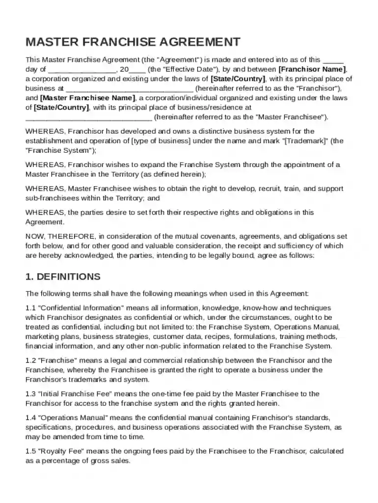 Master Franchise Agreement Template Preview on Page 1