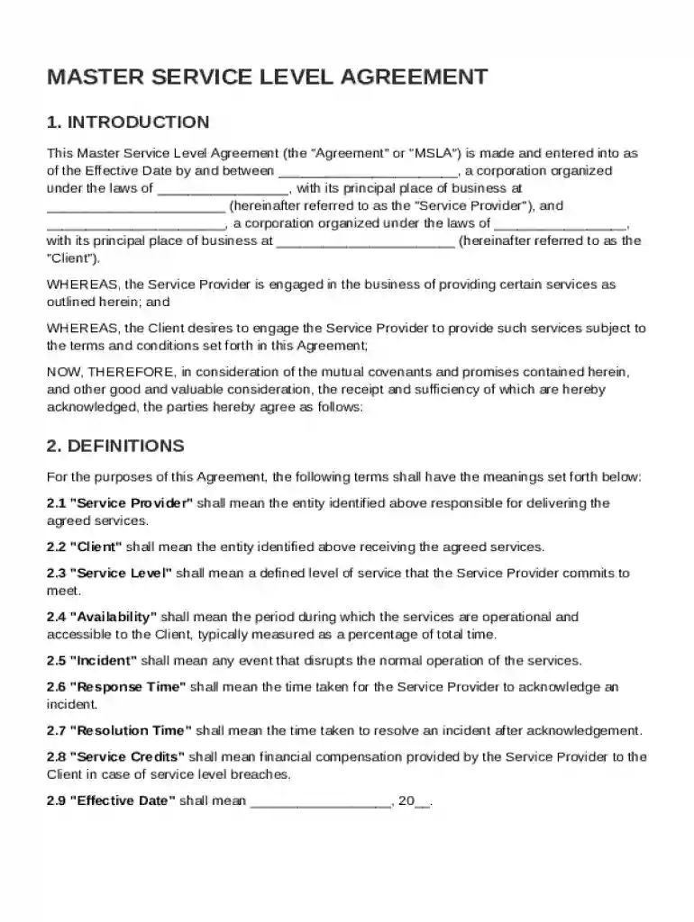 Master Service Level Agreement Template Preview on Page 1