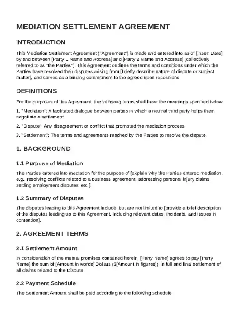 Mediation Settlement Agreement Template Preview on Page 1