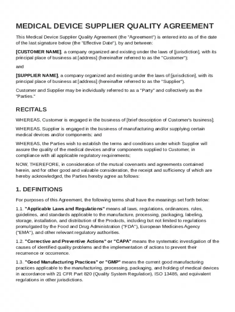 Medical Device Supplier Quality Agreement Template Preview on Page 1