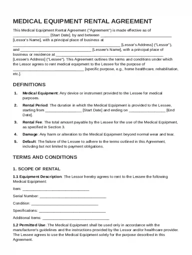 Medical Equipment Rental Agreement Template Preview on Page 1