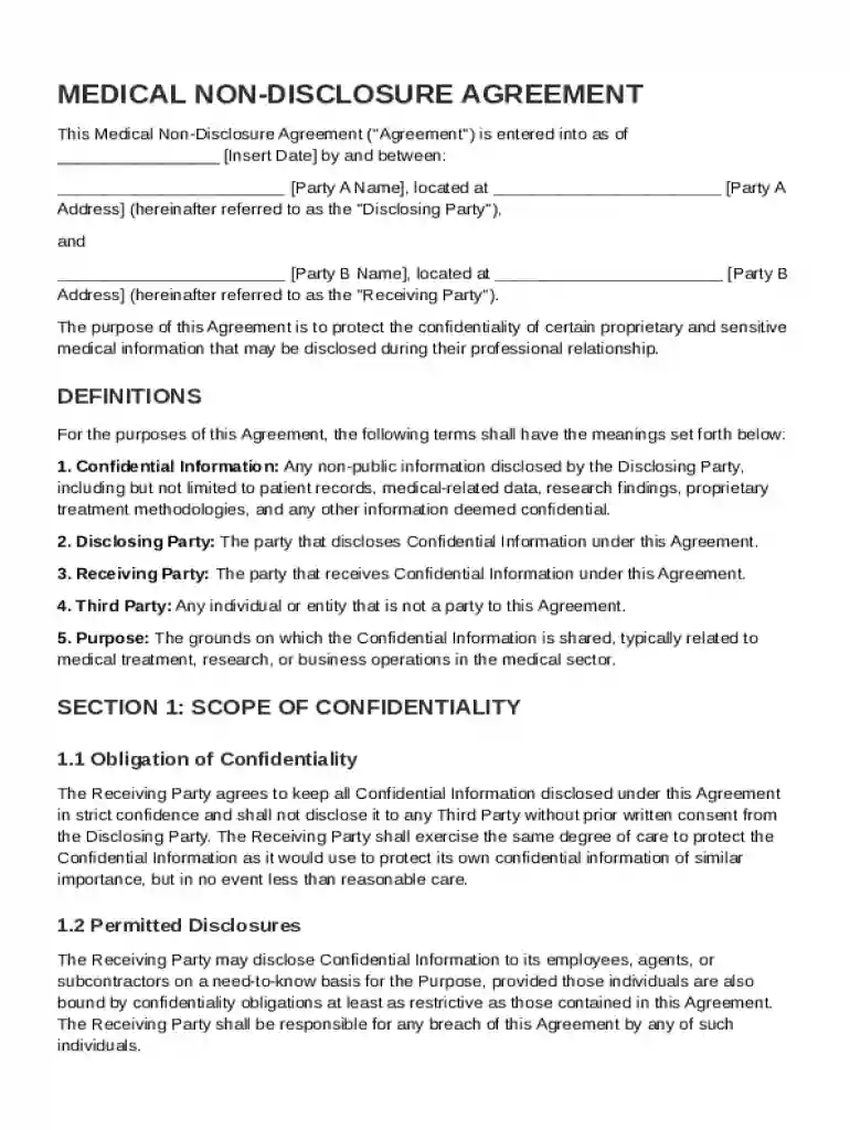 Medical Non Disclosure Agreement Template Preview on Page 1