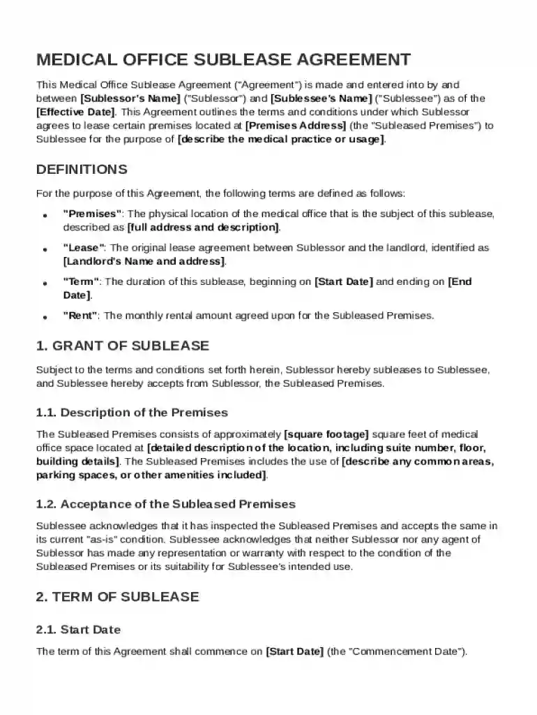 Medical Office Sublease Agreement Template Preview on Page 1