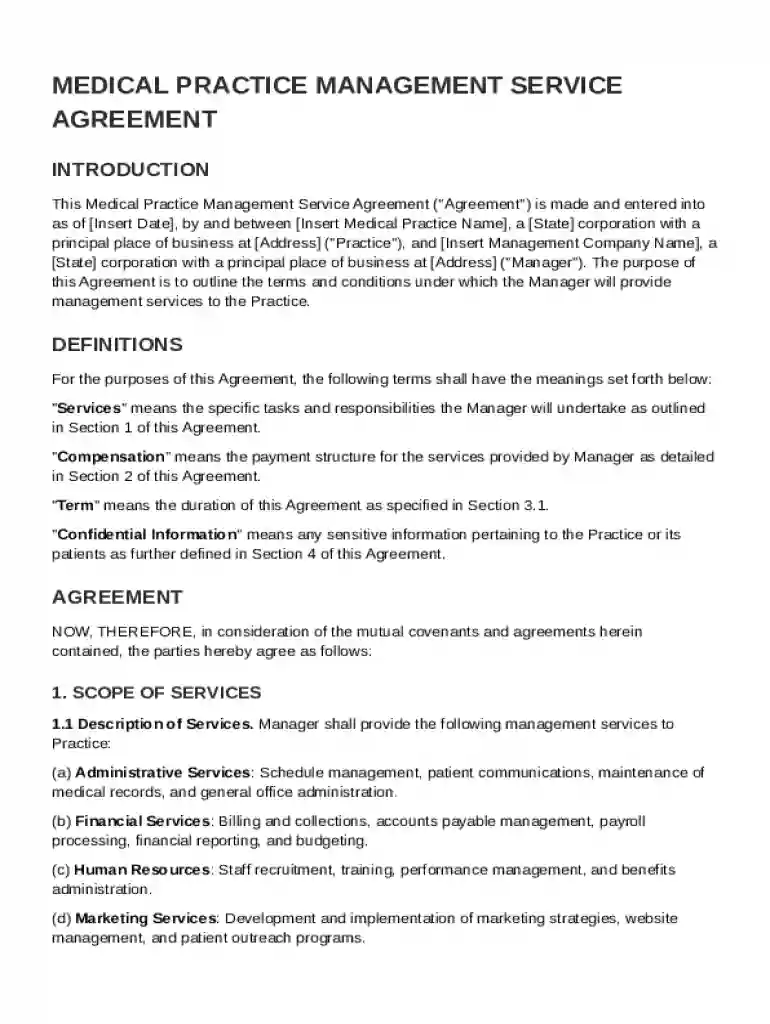 Medical Practice Management Service Agreement Template Preview on Page 1
