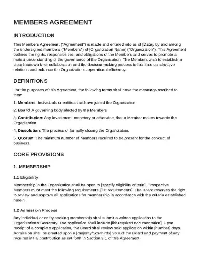 Members Agreement Template Preview on Page 1