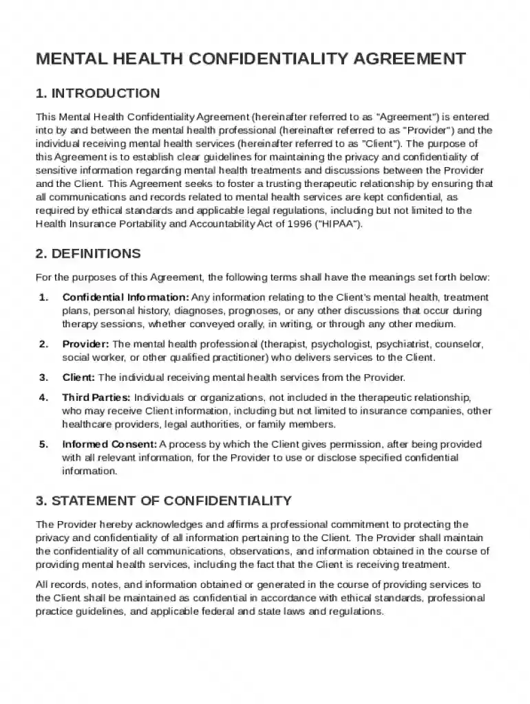Mental Health Confidentiality Agreement Template Preview on Page 1