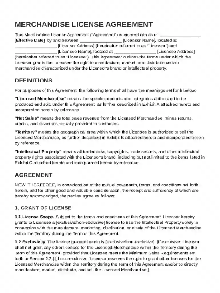 Merchandise License Agreement Template Preview on Page 1