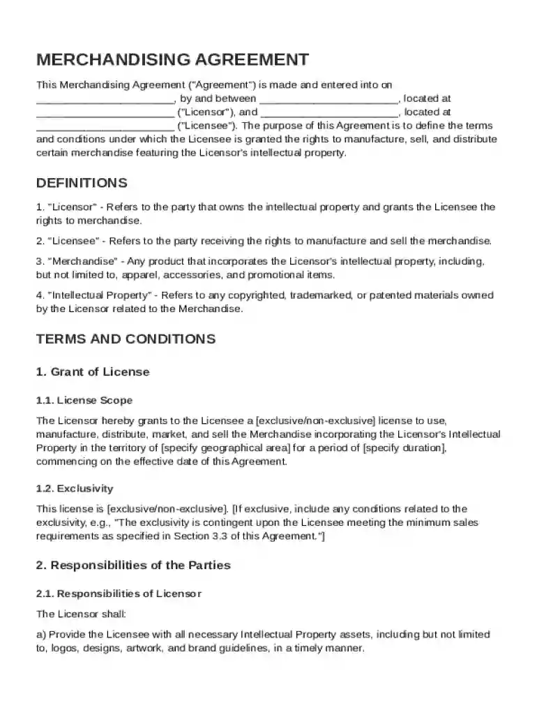 Merchandising Agreement Template Preview on Page 1