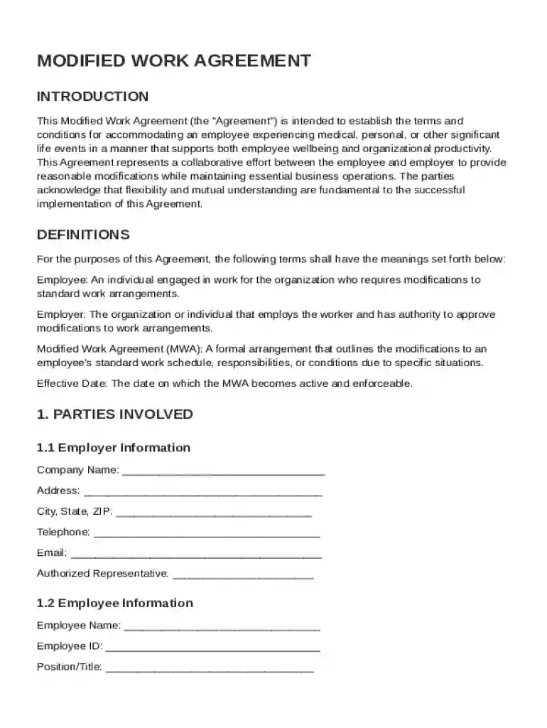 Modified Work Agreement Template Preview on Page 1